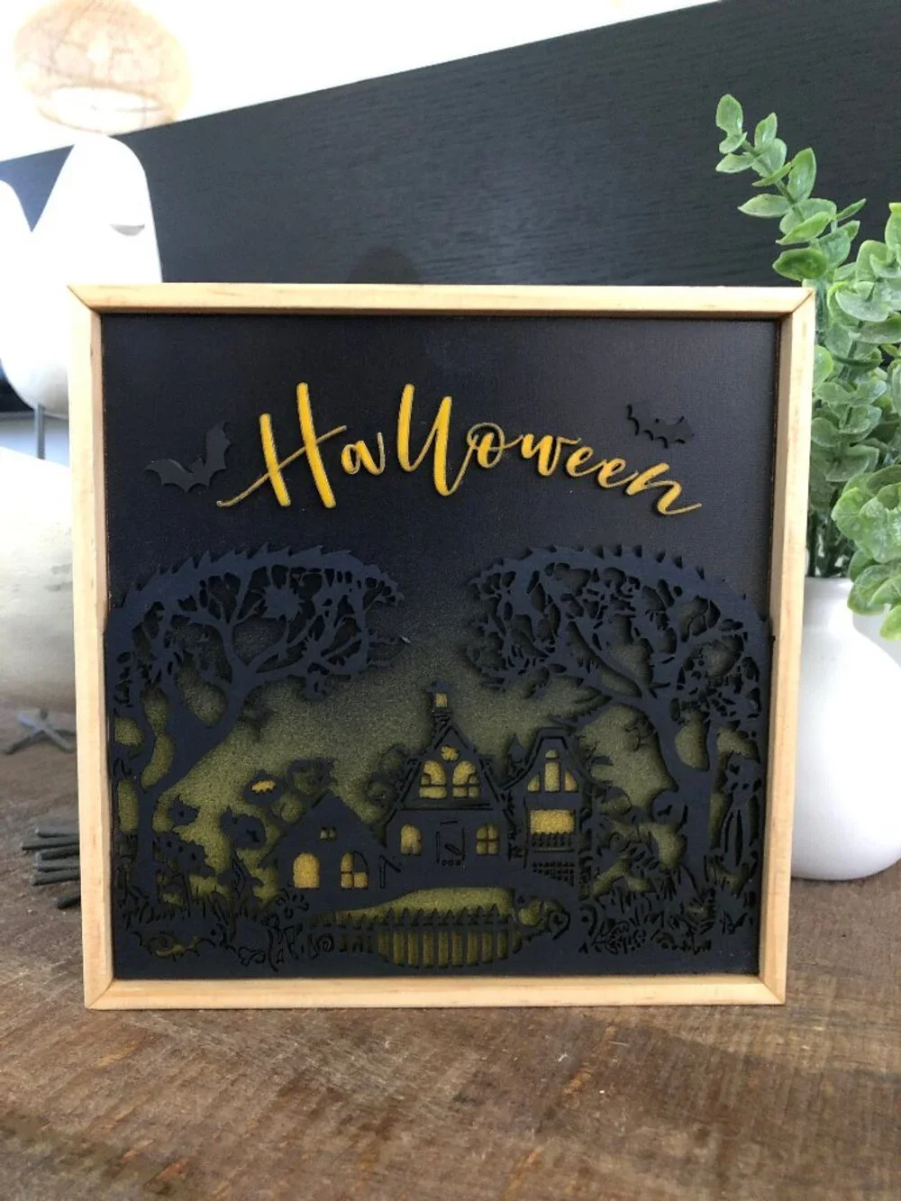Halloween Hanging Wall Art: Spooky Haunted House with Flying Bats, Handmade